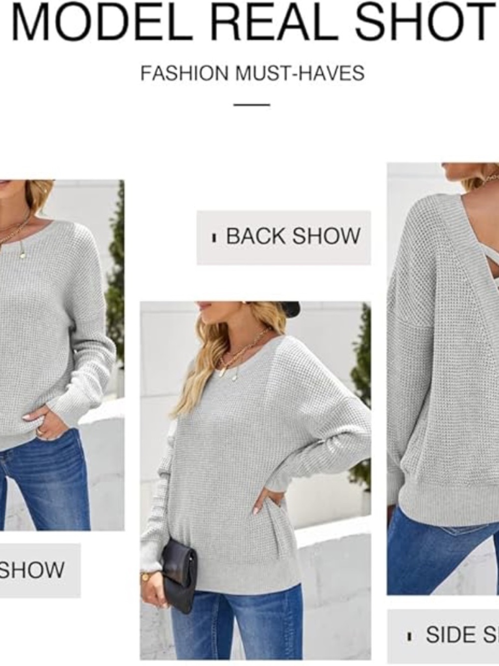 Criss Cross V Back Hollow Out Long Sleeve Sweater, Casual Crew Neck Knitted Grey - Picture 3 of 6